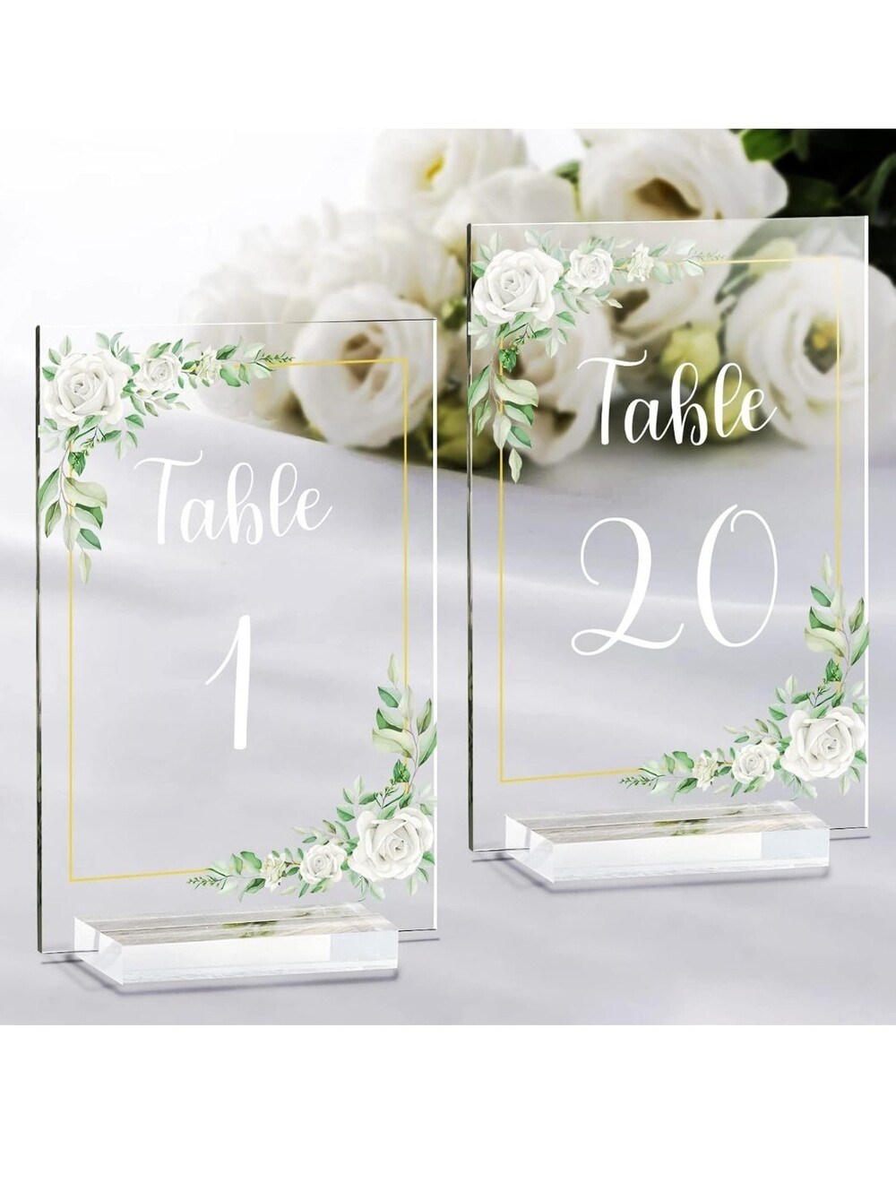 Clear Acrylic Wedding Table Numbers 1-20 in White Rose Floral Design Cards